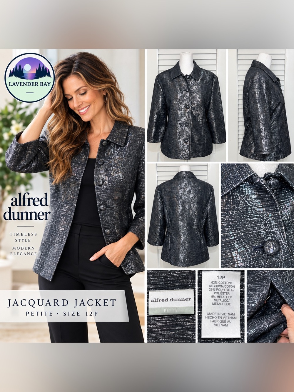 Alfred Dunner Metallic Jacquard Jacket 12P Petite Black Silver